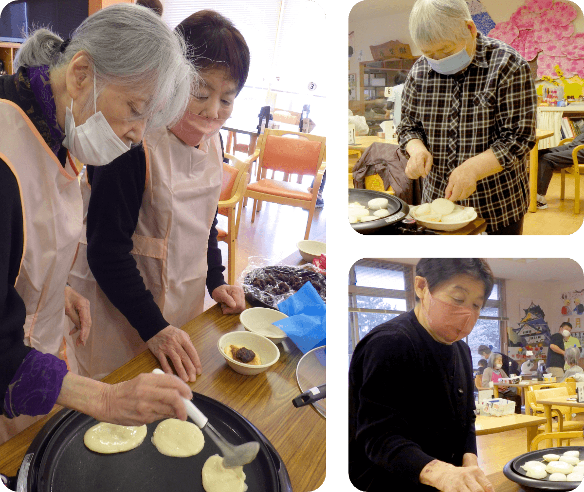 おやつリクリエーションにてご利用者が調理する様子の3枚の写真