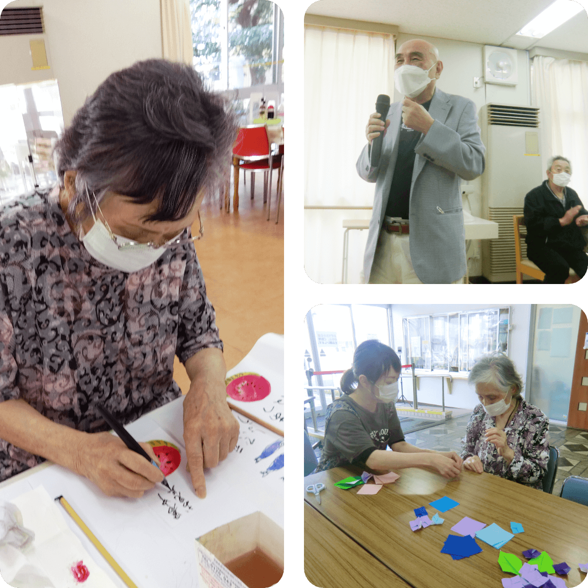 クラブ活動の様子（絵手紙、カラオケ、折り紙）