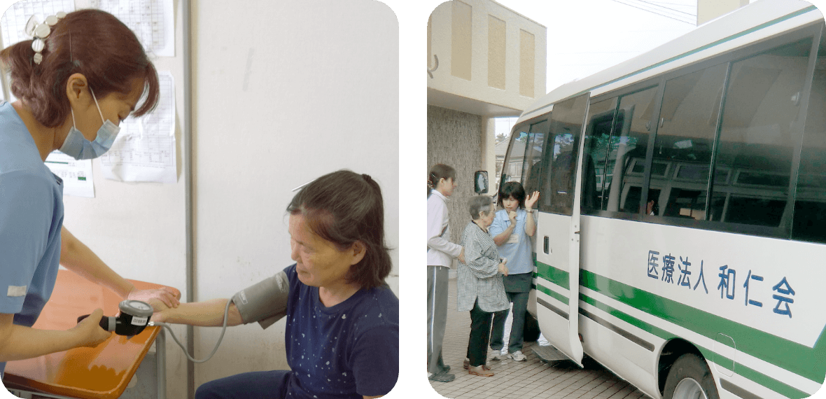看護師による身体測定の様子と定期通院の様子