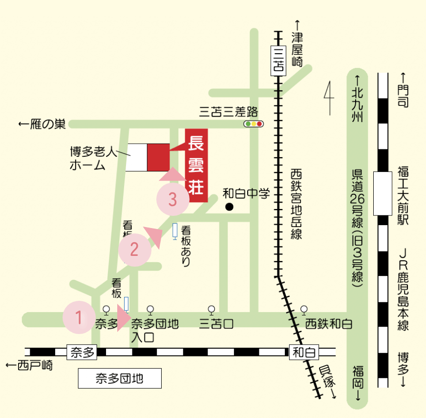 経路の写真の位置を記載した、長雲荘周辺の地図